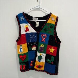 BASIC EDITIONS Vintage Colorful Holiday Patchwork Embroidered Vest | WOMENS L